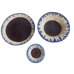 Vtg MMA 1988 Sunflower Majolica Plate Set of 3 Made in Portugal Blue Yellow 10